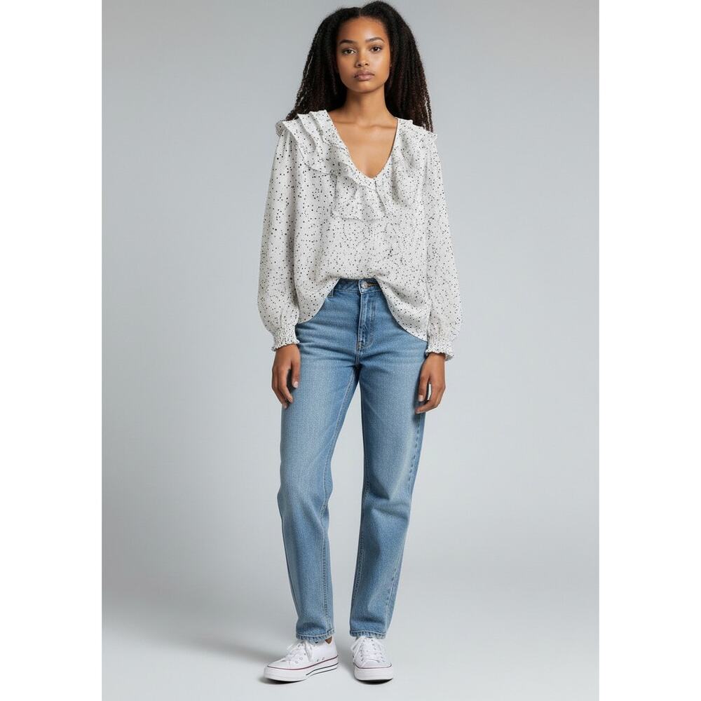 Amalli Talli Ruffle Polka Dot Blouse White Black Poet Parisian L